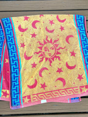 Load image into Gallery viewer, Vintage Celestial Sun Moon Stars Double Sided Beach Towel Red Yellow 27x54