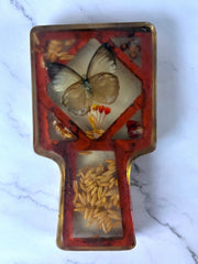 Load image into Gallery viewer, Vintage Lucite Style Butterfly Spoon Rest Dried Flowers Seeds Red 1970s