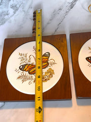 Load image into Gallery viewer, Vintage Butterfly Ceramic Tile Wood Trivets Wall Hangings Set of 2 1970s
