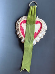 Load image into Gallery viewer, Vintage 1970s Handmade Heart Wall Hanging Daisy Floral Lace Velvet Ribbon