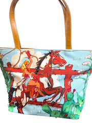 Load image into Gallery viewer, Western Cowgirl Horse Rhinestone Canvas Tote Purse Handbag Ranch Rodeo 11.5"