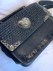 Load image into Gallery viewer, Black Western Crossbody Purse Heart Concho Silver Tone Braided Strap