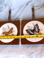 Load image into Gallery viewer, Vintage Butterfly Ceramic Tile Wood Trivets Wall Hangings Set of 2 1970s