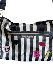 Load image into Gallery viewer, Betsey Johnson Black White Stripe Duffel Weekender Bag Patches Floral Lining