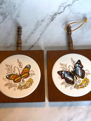 Load image into Gallery viewer, Vintage Butterfly Ceramic Tile Wood Trivets Wall Hangings Set of 2 1970s