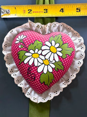Load image into Gallery viewer, Vintage 1970s Handmade Heart Wall Hanging Daisy Floral Lace Velvet Ribbon