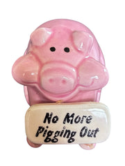 Load image into Gallery viewer, Vintage Pink Ceramic Pig No More Pigging Out Figurine Taiwan R.O.C. Kitsch