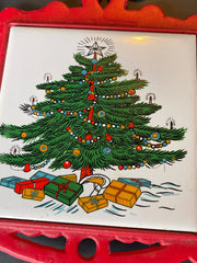 Load image into Gallery viewer, Vintage Cathay Tile Christmas Tree Ceramic Trivet Set Red Frame 2pc