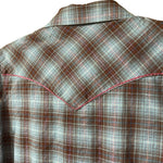 Load image into Gallery viewer, Vintage Wrangler Western Snap Shirt – Women’s M – Brown &amp; Blue Plaid w/ Pink Metallic Thread
