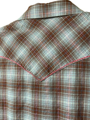 Load image into Gallery viewer, Vintage Wrangler Western Snap Shirt – Women’s M – Brown &amp; Blue Plaid w/ Pink Metallic Thread
