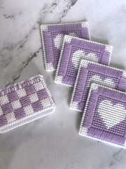 Load image into Gallery viewer, Vintage Handmade Plastic Canvas Coaster Set 4 Holder Purple White Needlepoint
