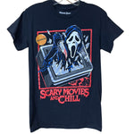 Load image into Gallery viewer, Ghostface Horror T-Shirt “Scary Movies and Chill” | Black Cotton Tee | Small
