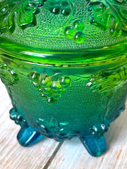 Load image into Gallery viewer, Vintage Jeannette Glass Green Blue Harvest Grape Footed Covered Candy Dish Compote