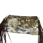 Load image into Gallery viewer, Western Cowhide Leather Fringe Wristlet Clutch Metallic Gold Hair-On Hide Bag
