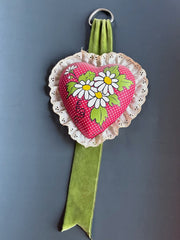 Load image into Gallery viewer, Vintage 1970s Handmade Heart Wall Hanging Daisy Floral Lace Velvet Ribbon