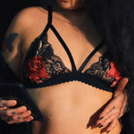 Load image into Gallery viewer, Embroidered Rose and Black Lace Bralette
