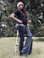 Load image into Gallery viewer, Mineral Wash Black Fringe Flares
