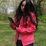 Load image into Gallery viewer, Pink Vegan Leather Jacket with Front and Back Yoke Stud Detailing
