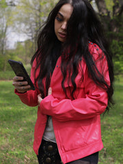 Load image into Gallery viewer, Pink Vegan Leather Jacket with Front and Back Yoke Stud Detailing

