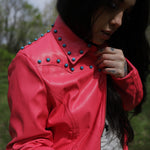 Load image into Gallery viewer, Pink Vegan Leather Jacket with Front and Back Yoke Stud Detailing
