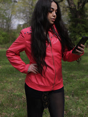 Load image into Gallery viewer, Pink Vegan Leather Jacket with Front and Back Yoke Stud Detailing
