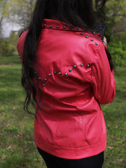 Load image into Gallery viewer, Pink Vegan Leather Jacket with Front and Back Yoke Stud Detailing
